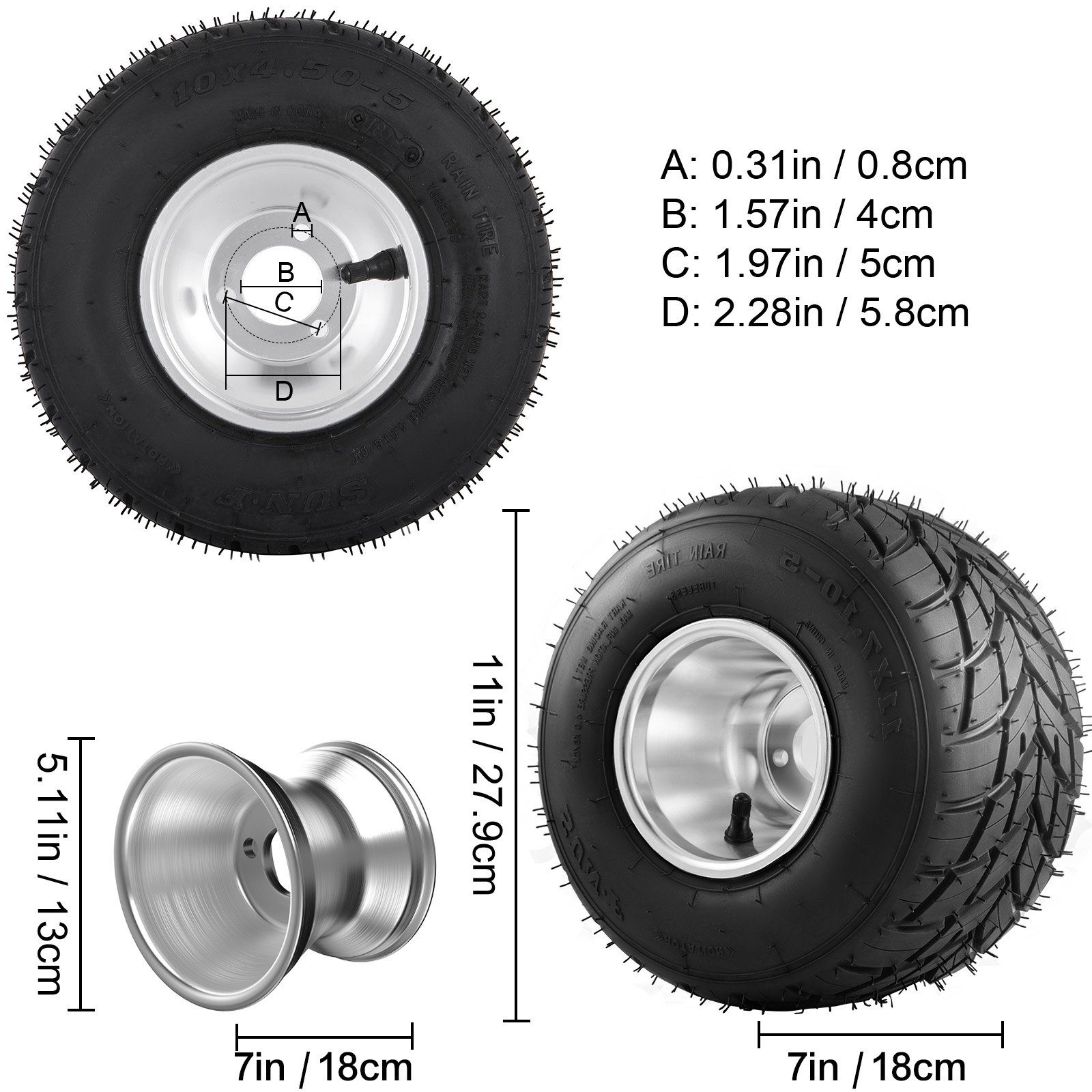 VEVOR go kart tires and rims with detailed measurements and close-up of rims.