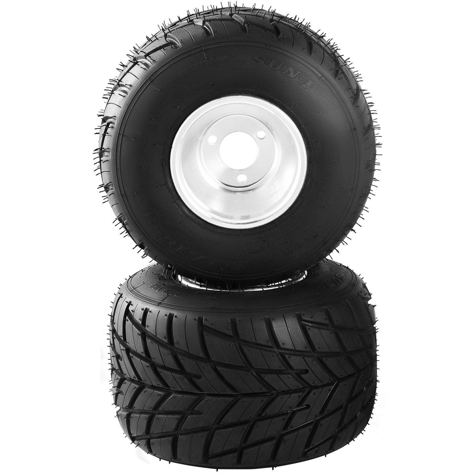 VEVOR go kart tires and rims in stacked view, showing tread design and metal hubs.