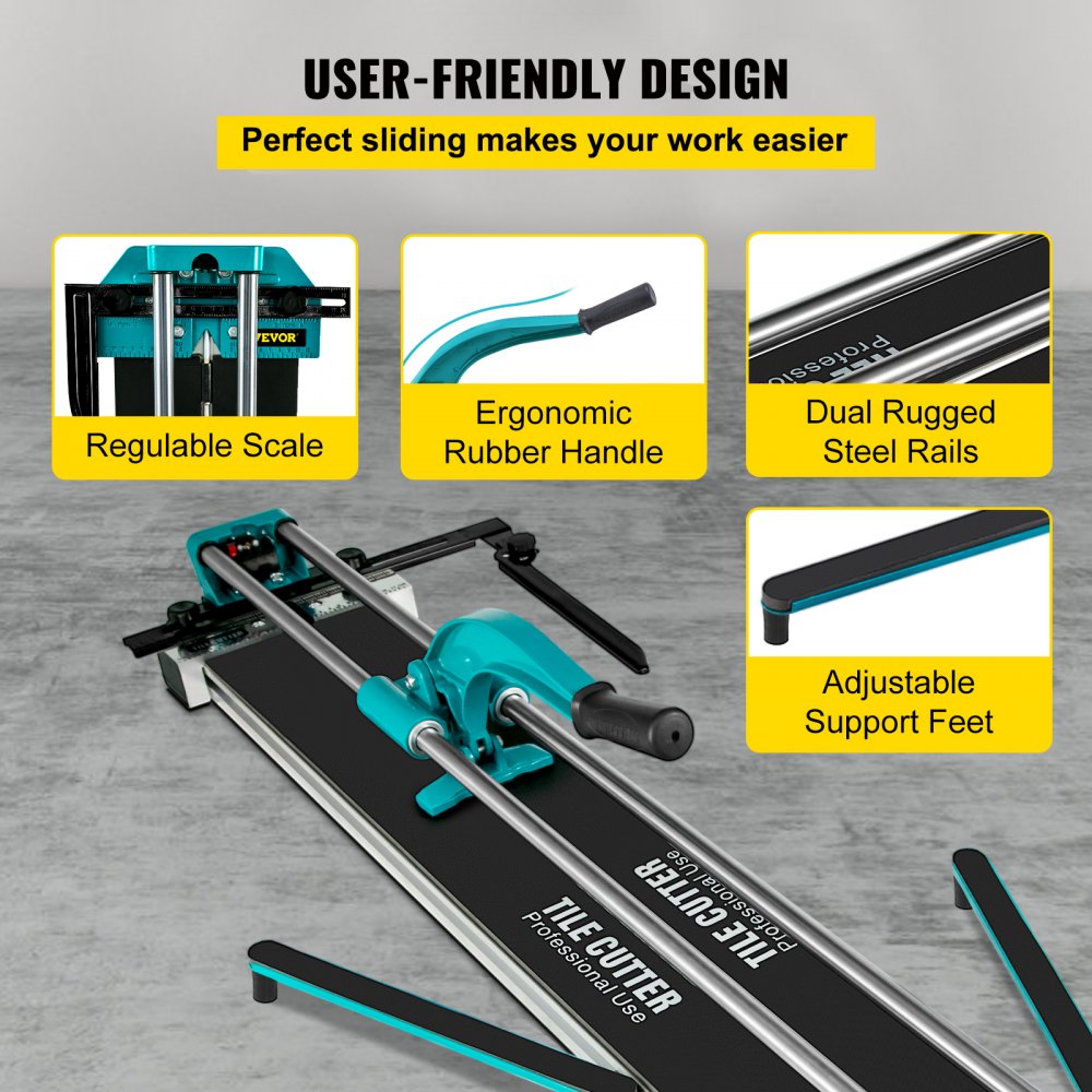 VEVOR tile cutter with ergonomic handle, dual steel rails, and adjustable support feet.