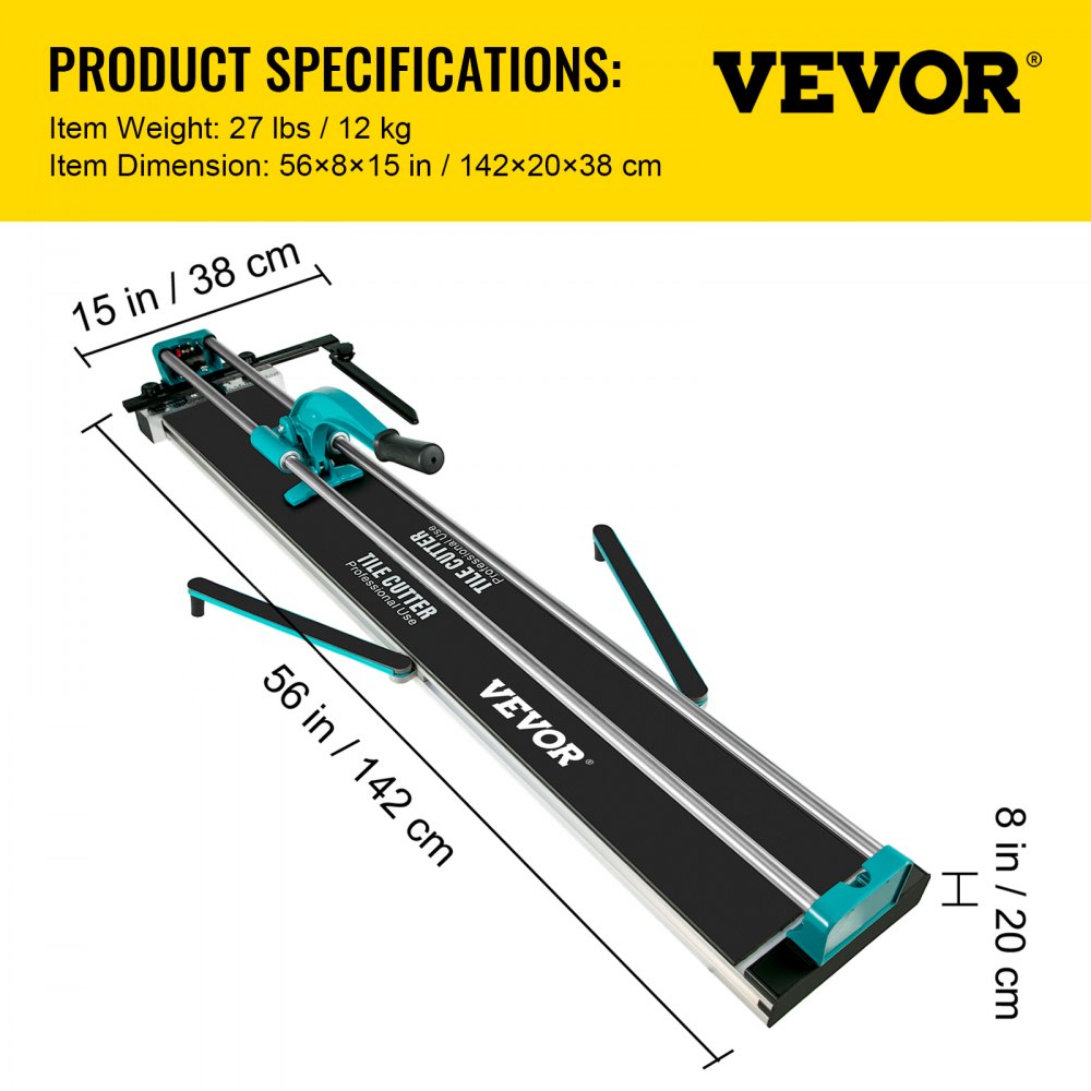 VEVOR tile cutter: 56x8x15 in, 27 lbs, product dimensions and weight specs.