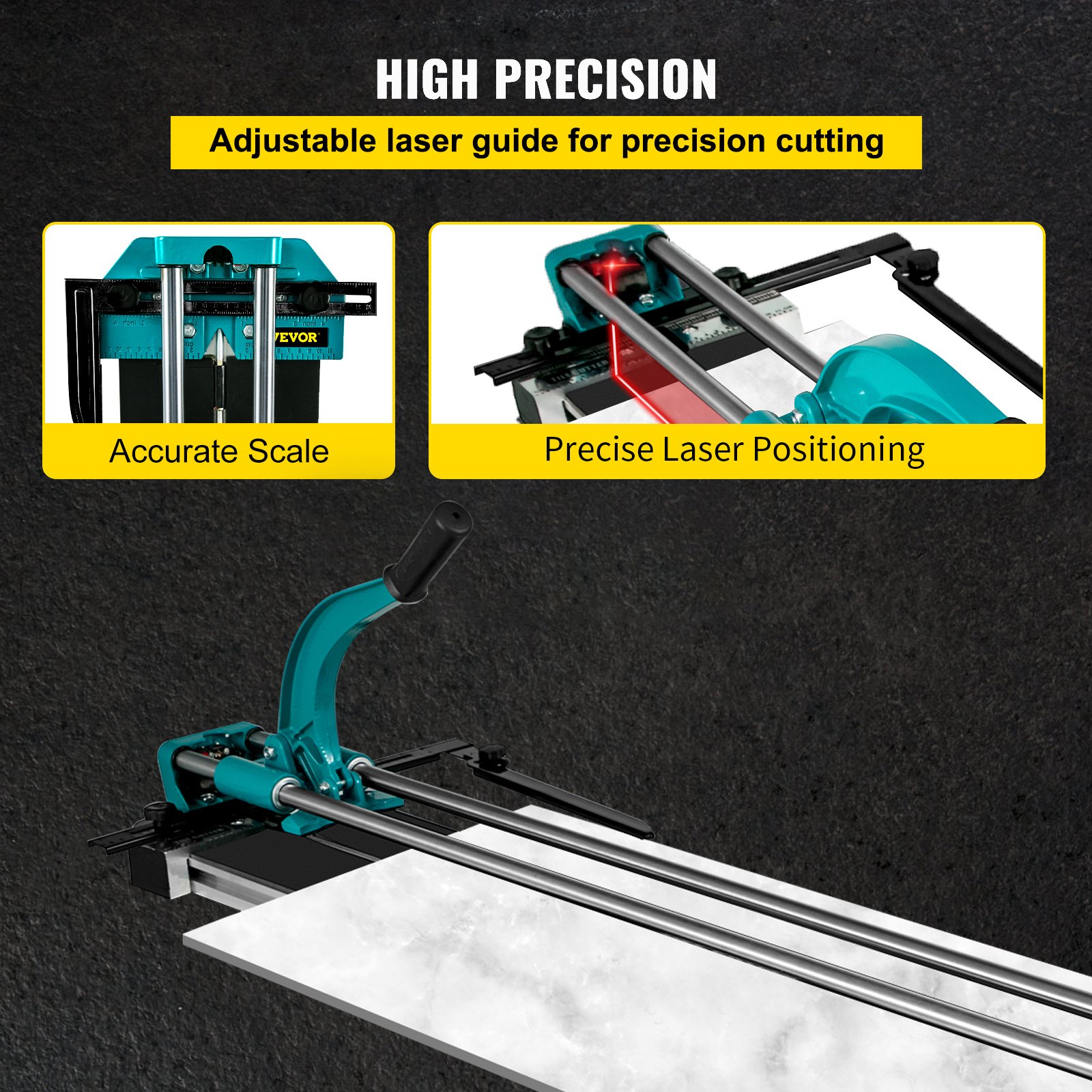 VEVOR tile cutter with adjustable laser guide for precision cutting. accurate scale and precise laser positioning.