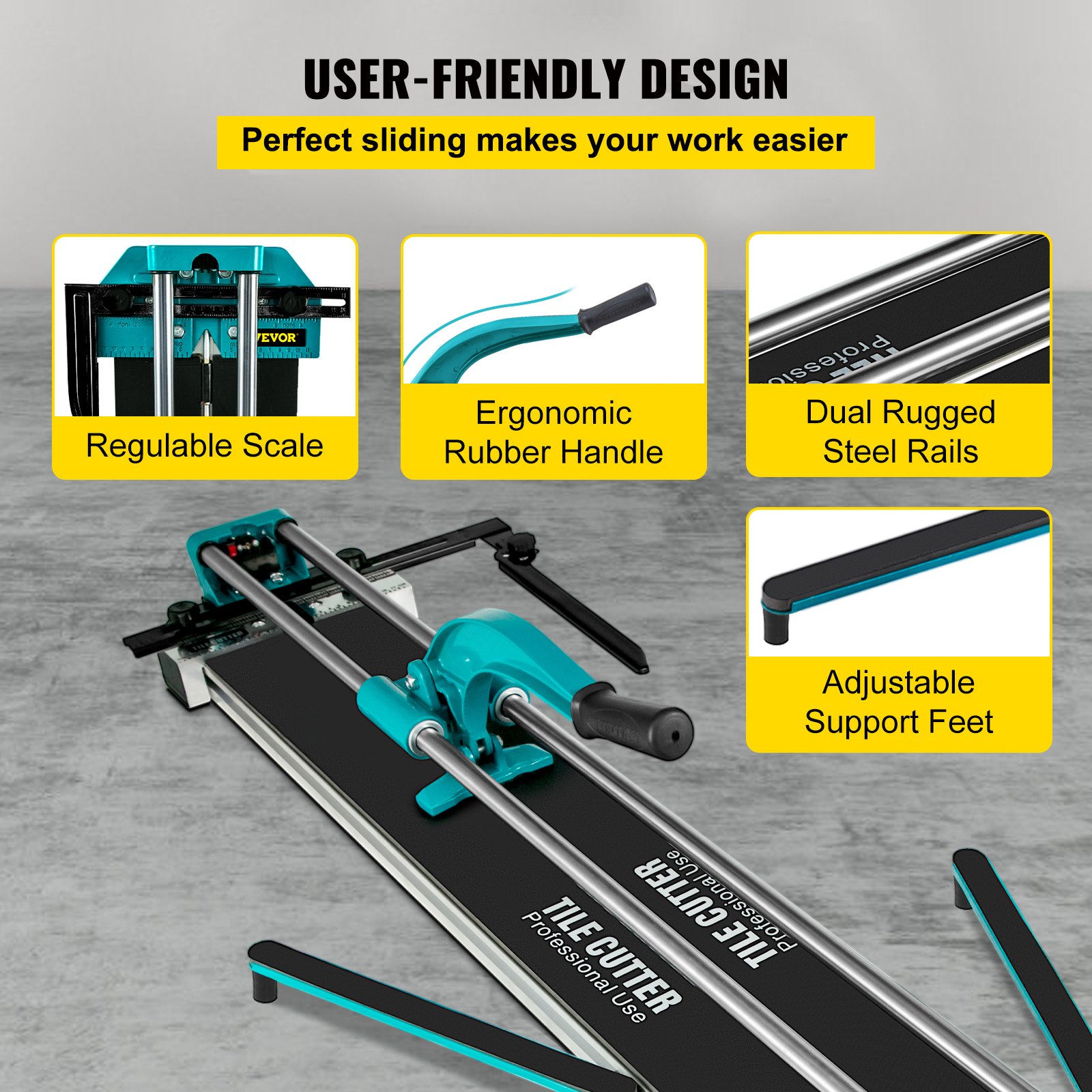 VEVOR tile cutter with ergonomic handle, dual steel rails, and adjustable support feet.