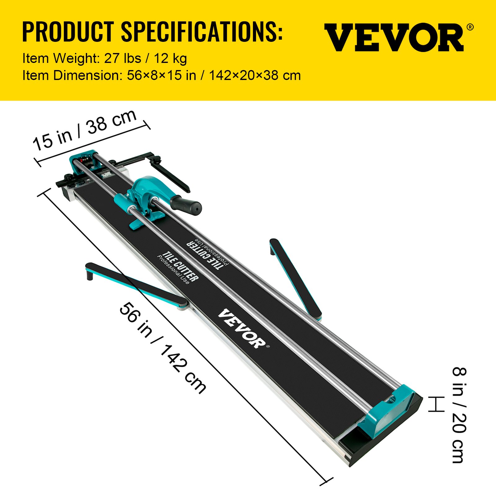 VEVOR tile cutter: 56x8x15 in, 27 lbs, product dimensions and weight specs.