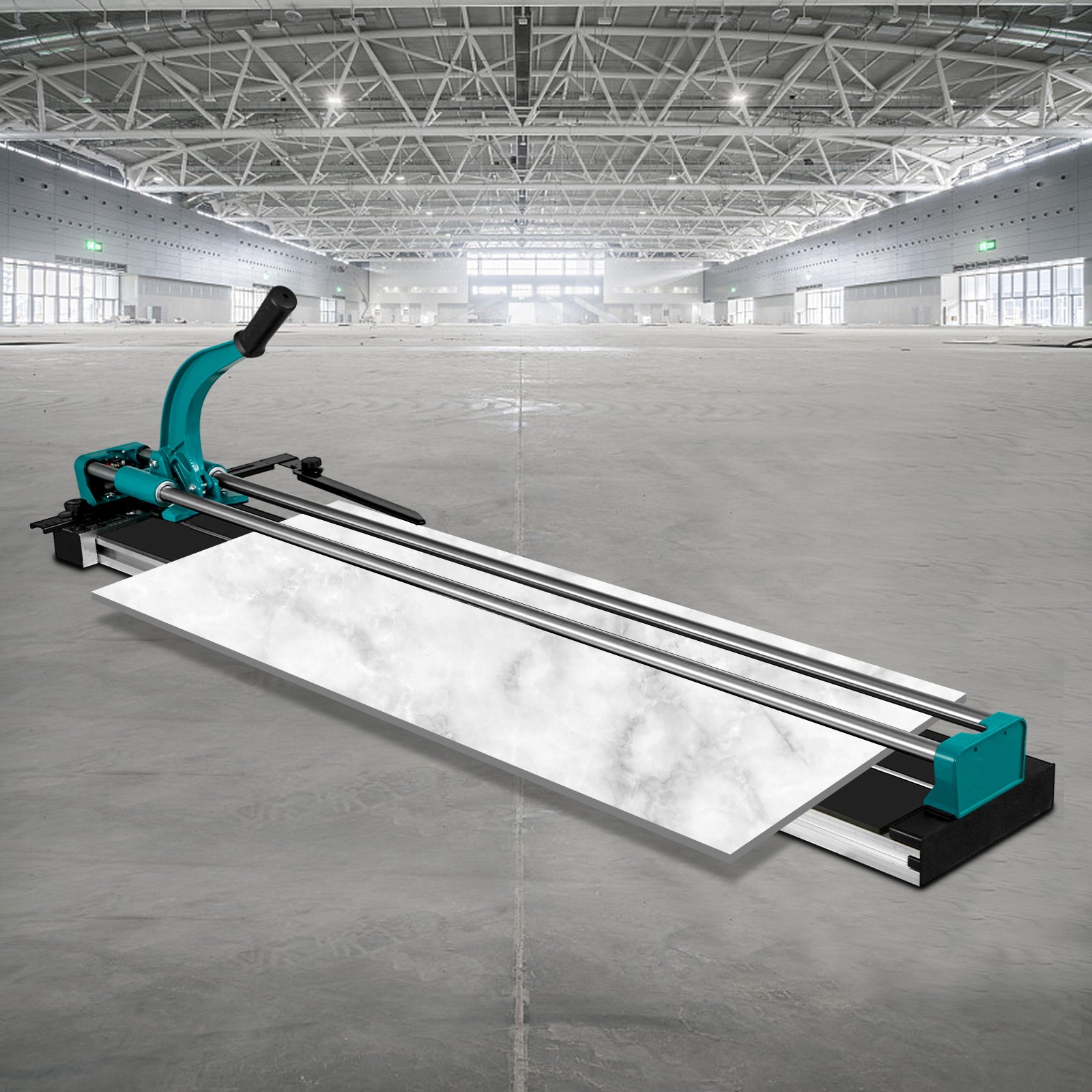VEVOR tile cutter in an expansive warehouse setting.