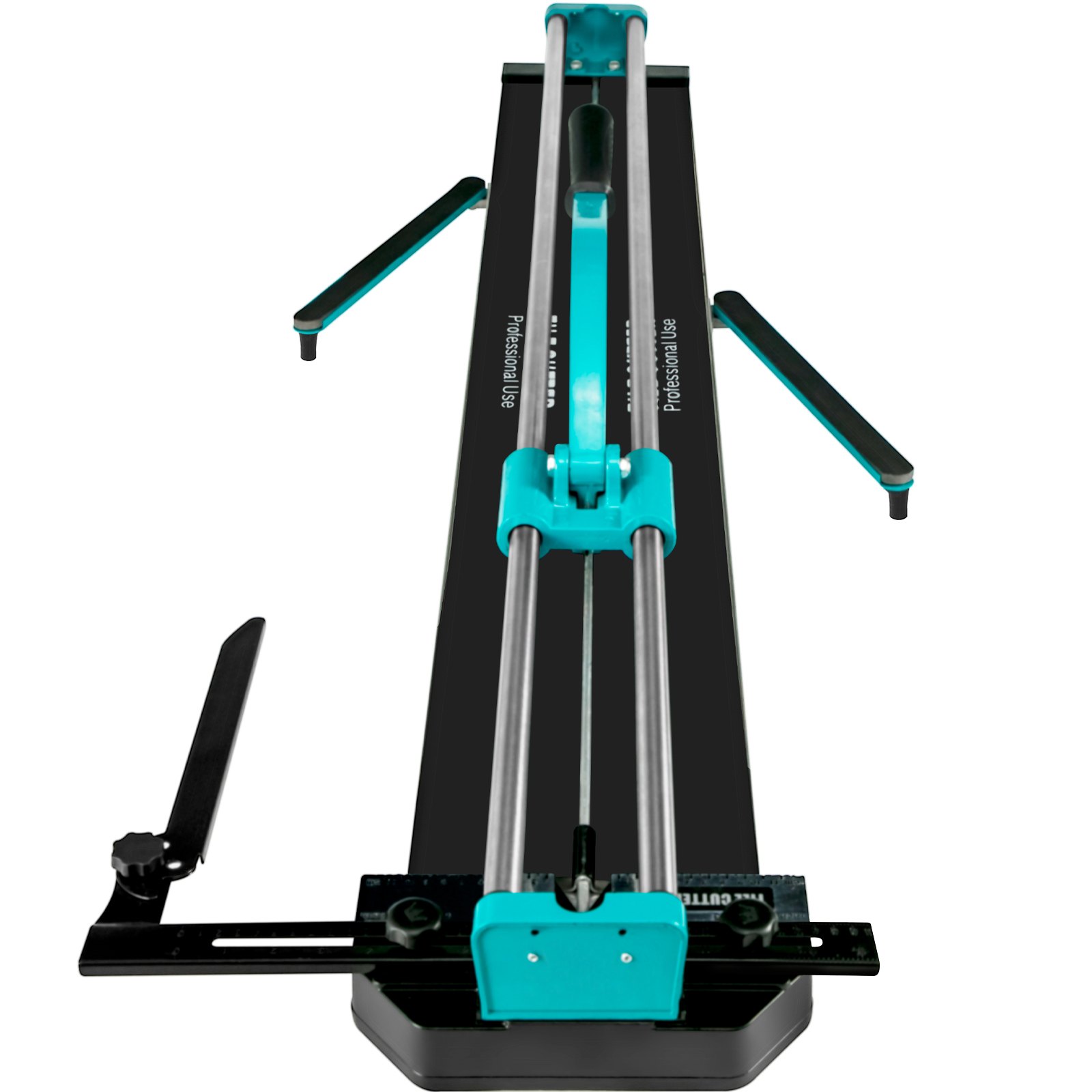 black and turquoise VEVOR tile cutter with dual rails and side supports.