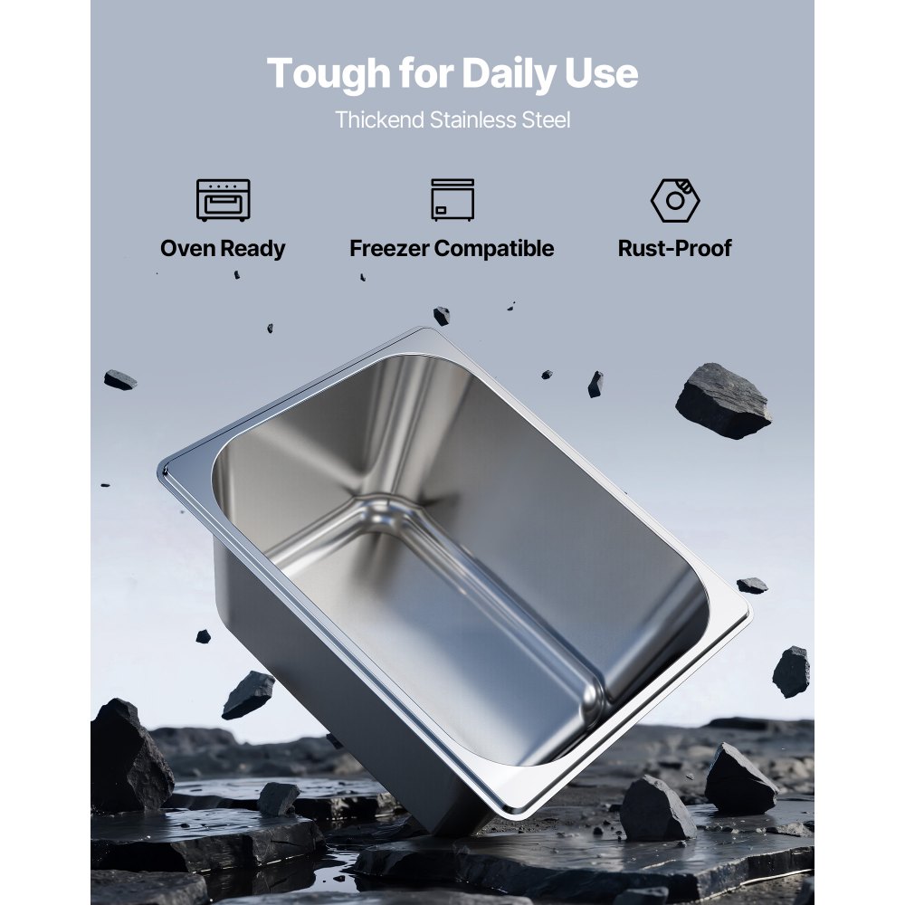 VEVOR 2 Pack Stainless Steam Hotel Pans, 1/2 Size Table Steam Pans With Lids, 6 Inch Deep, Anti Jam Restaurant Supplies Reusable Catering Storage for Home, Party, Restaurant, Hotel, Buffet