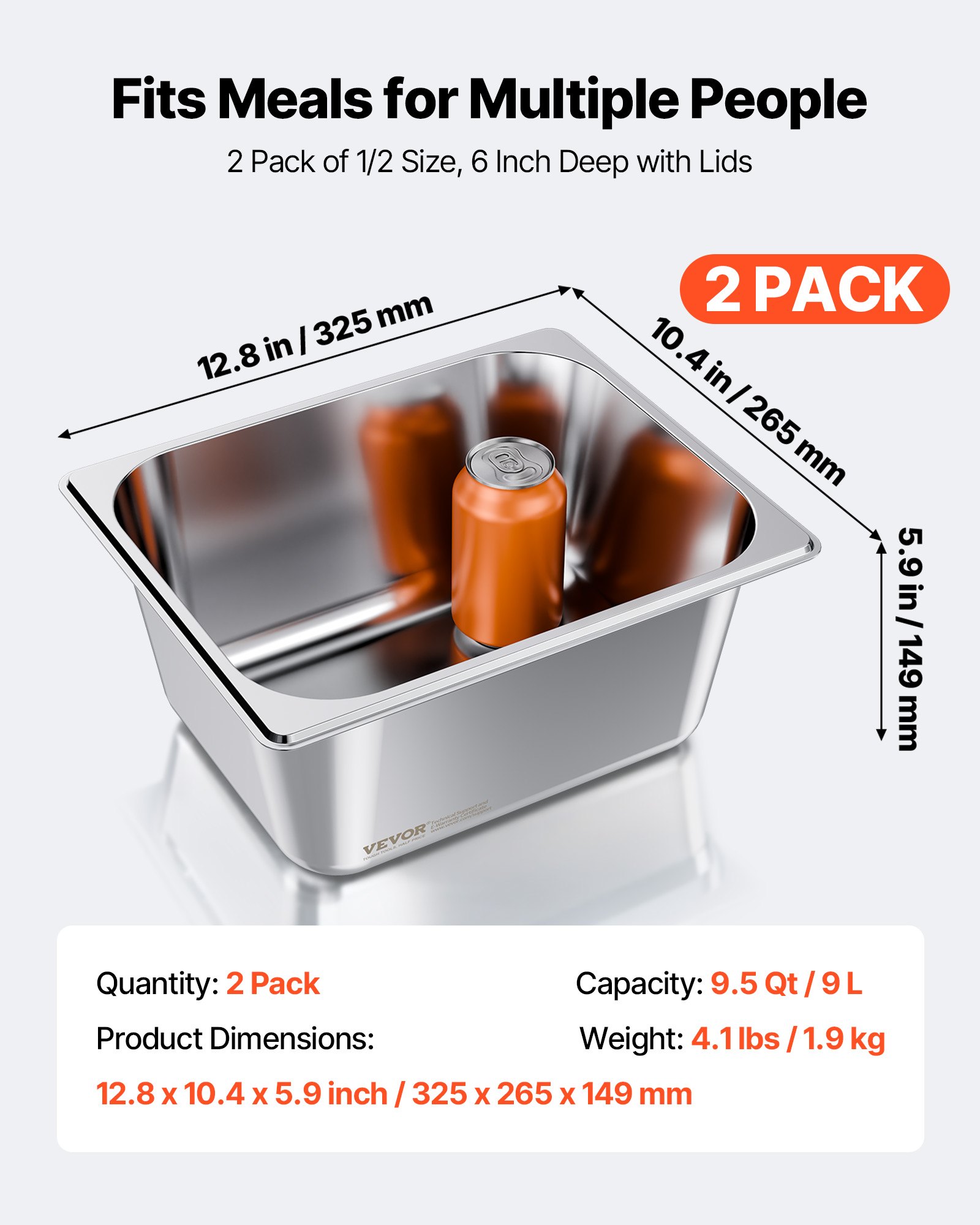 VEVOR 2 Pack Stainless Steam Hotel Pans, 1/2 Size Table Steam Pans With Lids, 6 Inch Deep, Anti Jam Restaurant Supplies Reusable Catering Storage for Home, Party, Restaurant, Hotel, Buffet