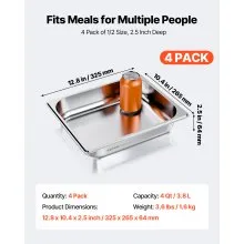 VEVOR 1/2 Size Hotel Pans Steam Table Pans 2.5 Inch Deep Stainless Steel 4 Pack