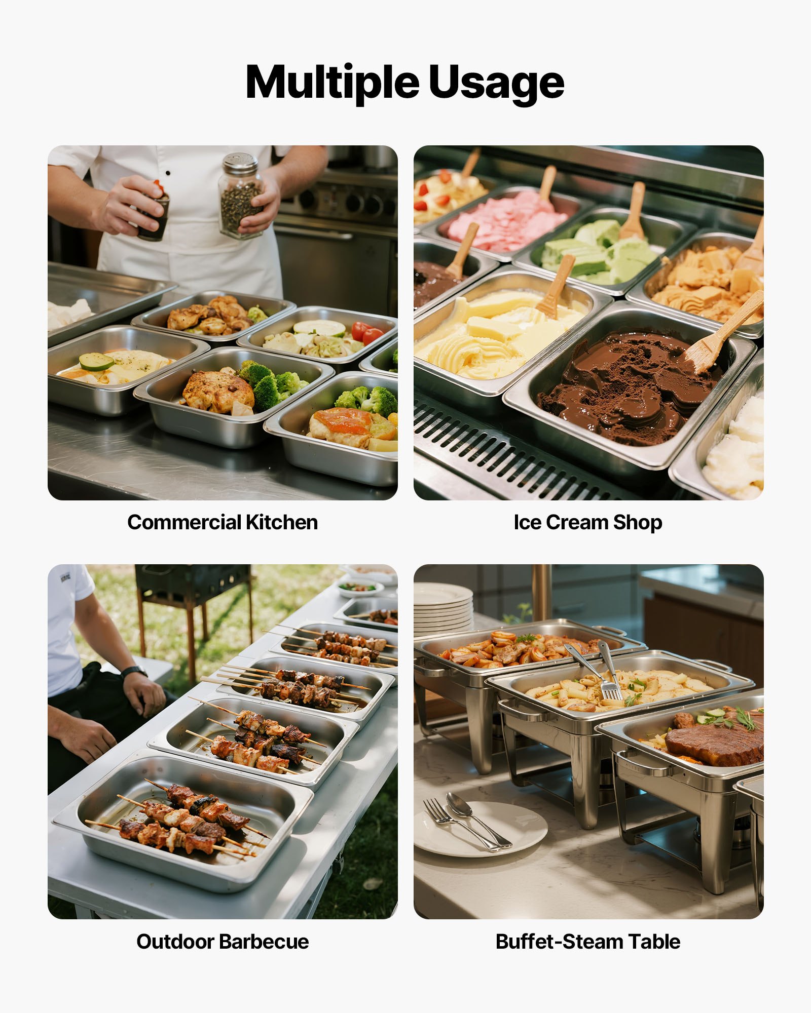 Nerezová parná hotelová panvica VEVOR, veľkosť 1/2 x hĺbka 63,5 mm, stolová parná panvica s objemom 3,8 l, reštauračné potreby proti zaseknutiu, opakovane použiteľné, nehrdzavejúce, úložné priestory na catering pre domácnosti, párty, reštaurácie, hotely, bufety, 4 kusy