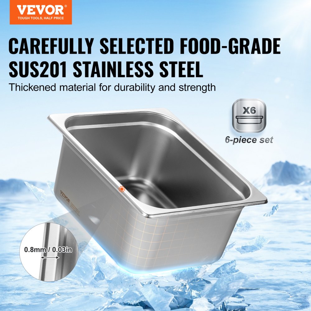 VEVOR hotel pans, sus201 stainless steel, 6-piece set, thickened for durability and strength.
