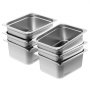 six stacked stainless steel VEVOR hotel pans arranged neatly.