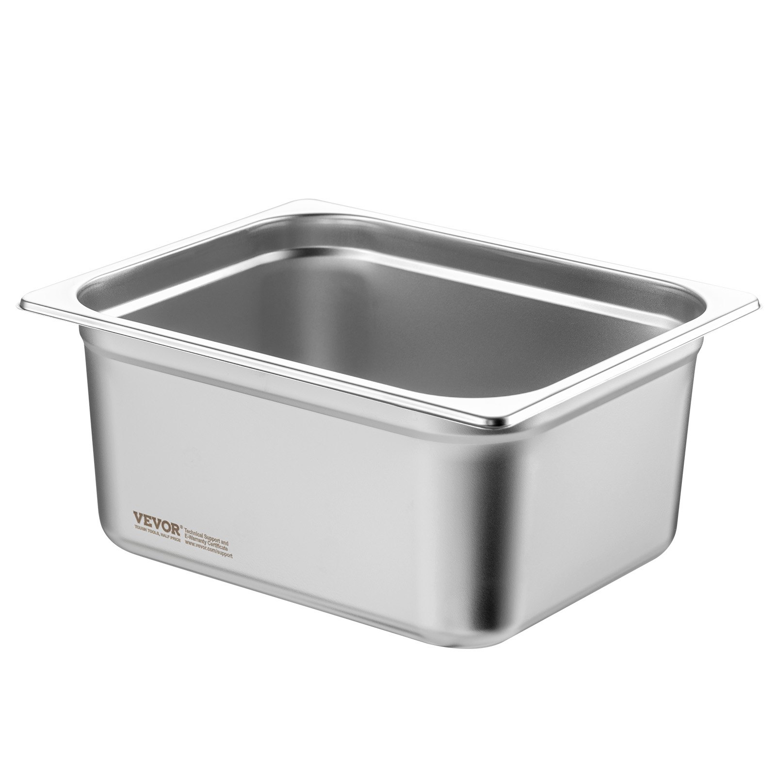 VEVOR hotel pan, stainless steel, deep rectangular container with rolled edges.