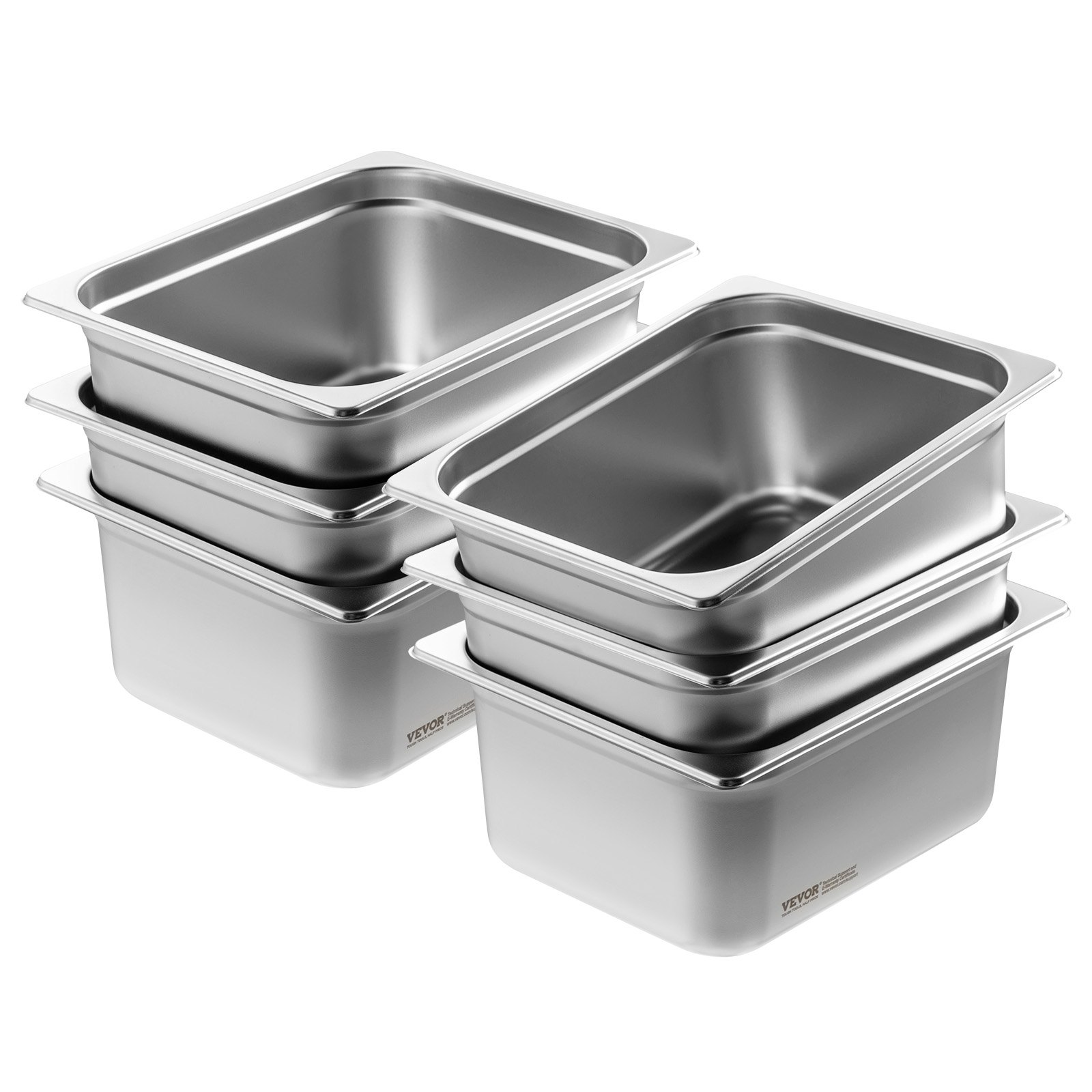 six stacked stainless steel VEVOR hotel pans arranged neatly.