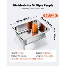 VEVOR 1/2 Size Hotel Pans Steam Table Pans 4 Inch Deep Stainless Steel 6 Pack