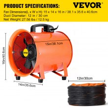VEVOR 12 pouces (5 m) ventilateur d'extraction ventilateur portable 5 m haute rotation d'échappement