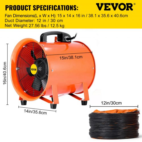 VEVOR 12 Inch(5m) Extractor Fan Blower Portable 5m Duct Hose Utility High Rotation Exhaust