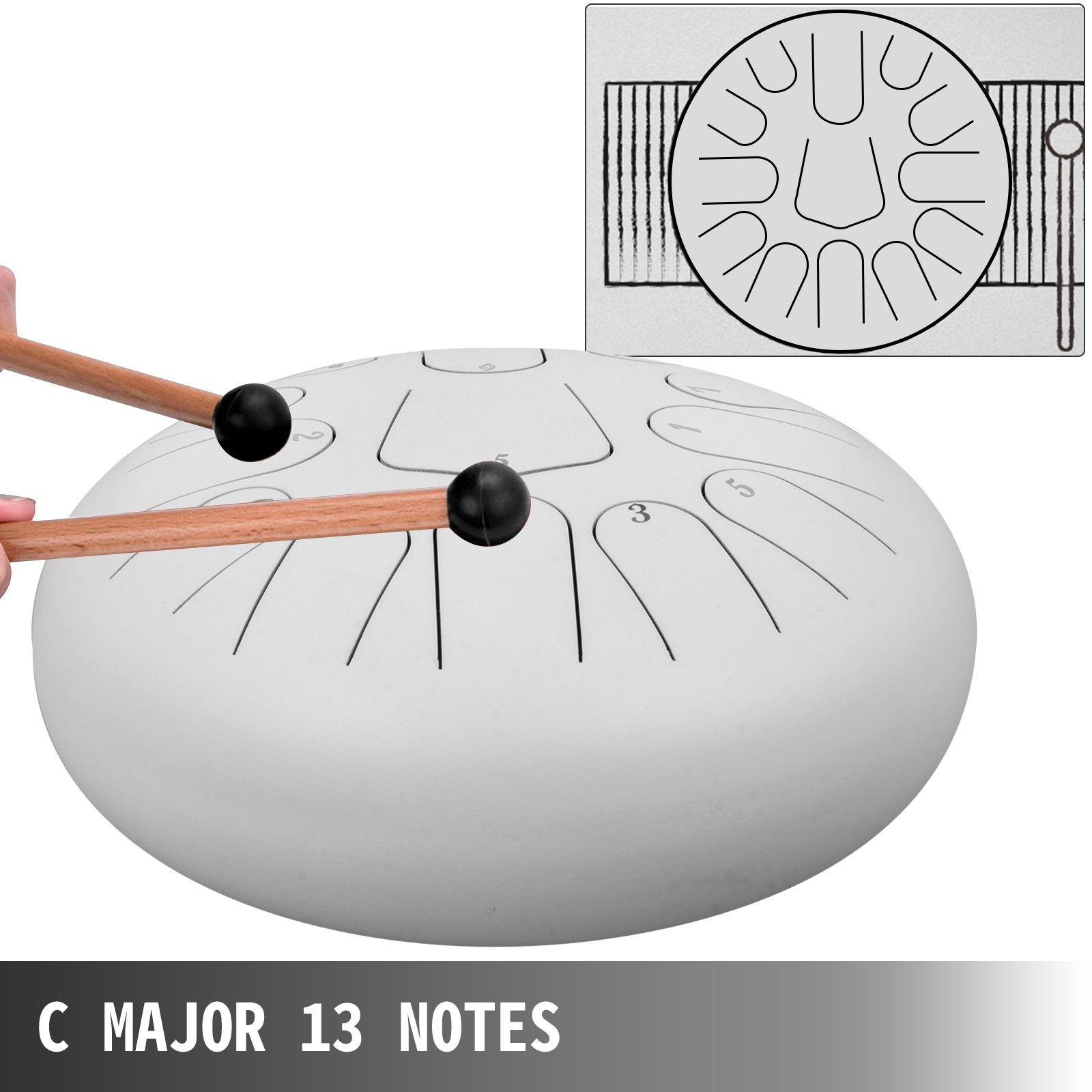 12'' 13 Notes Steel Tongue Drum Handpan Drum White Tank Drum Percussion Beginner