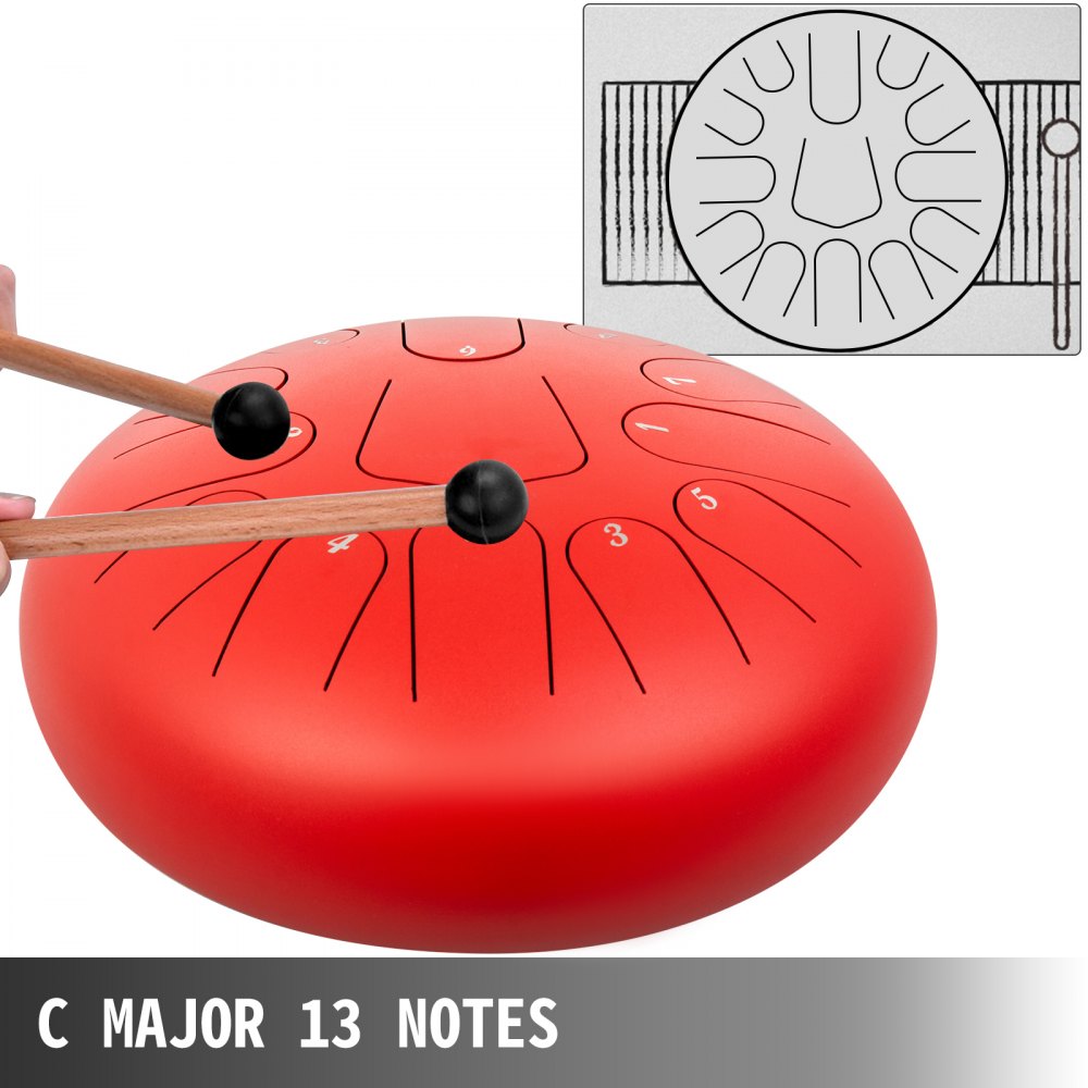 VEVOR Steel Drum 13 Notes Percussion Instrument 12 Inches Tongue Drum, Steel Tongue Drum, Steel Drums Instruments With Bag, Book, Mallets, Mallet Bracket, Hang Pan Drum Instrument, Red
