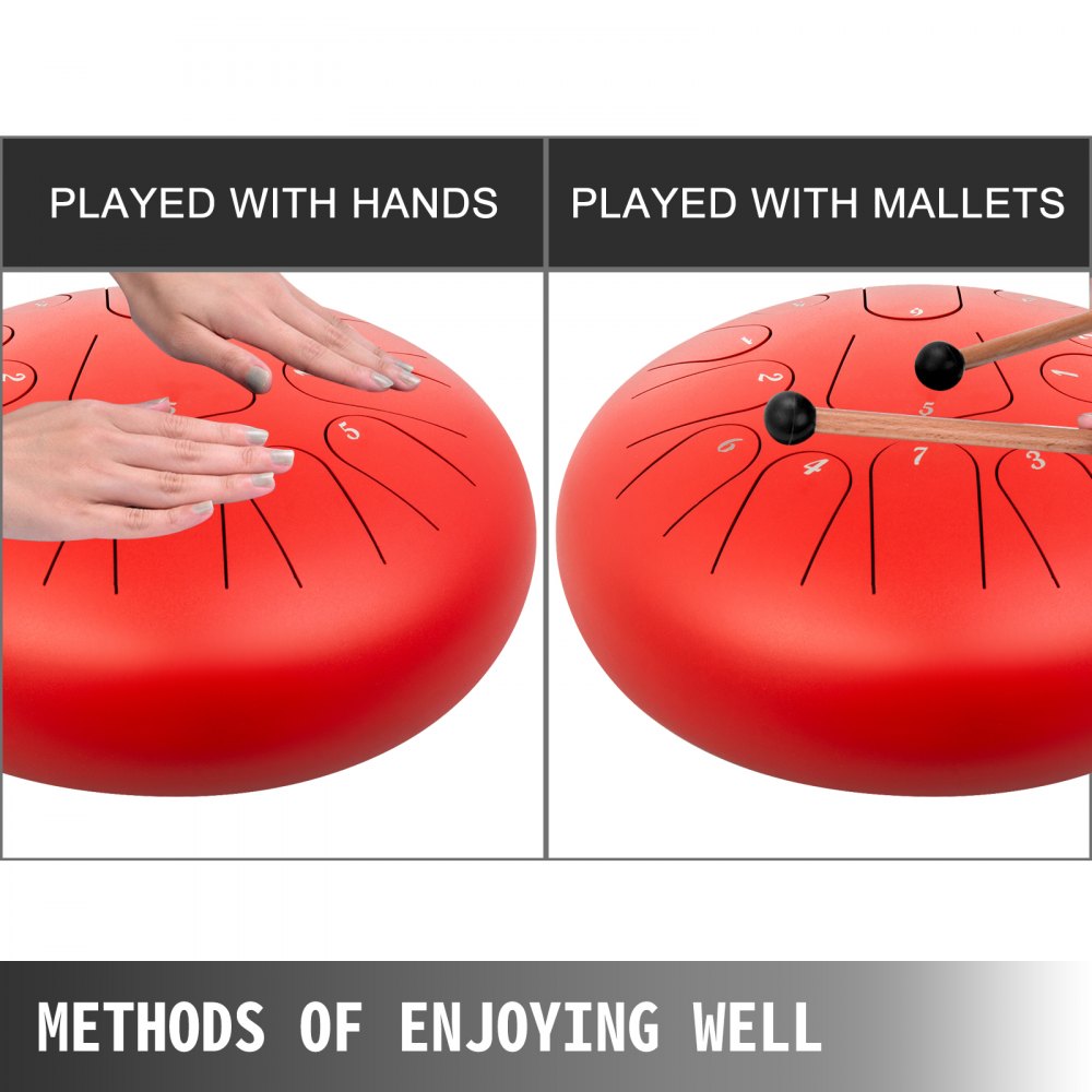 VEVOR Steel Drum 13 Notes Percussion Instrument 12 Inches Tongue Drum, Steel Tongue Drum, Steel Drums Instruments With Bag, Book, Mallets, Mallet Bracket, Hang Pan Drum Instrument, Red