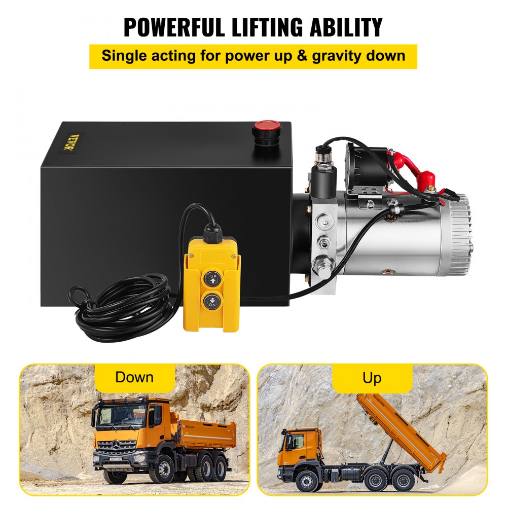 VEVOR Hydraulic Pump 12 Quart Hydraulic Power Unit Single Acting Hydraulic Power Unit with Steel Reservoir for Dump Trailer Truck Car Lift Unit 12V DC (Steel, 12 Quart Single Acting)