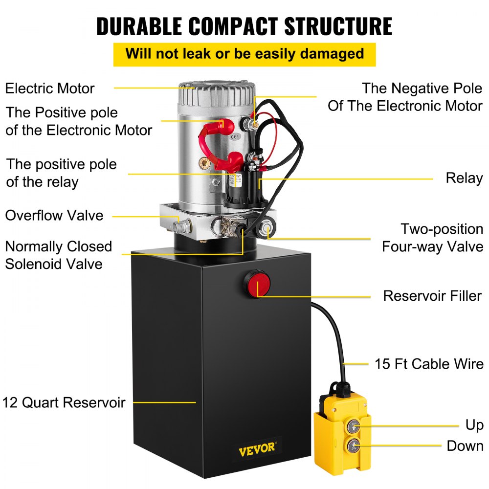 VEVOR Hydraulic Pump 12 Quart Hydraulic Power Unit Single Acting Hydraulic Power Unit with Steel Reservoir for Dump Trailer Truck Car Lift Unit 12V DC (Steel, 12 Quart Single Acting)