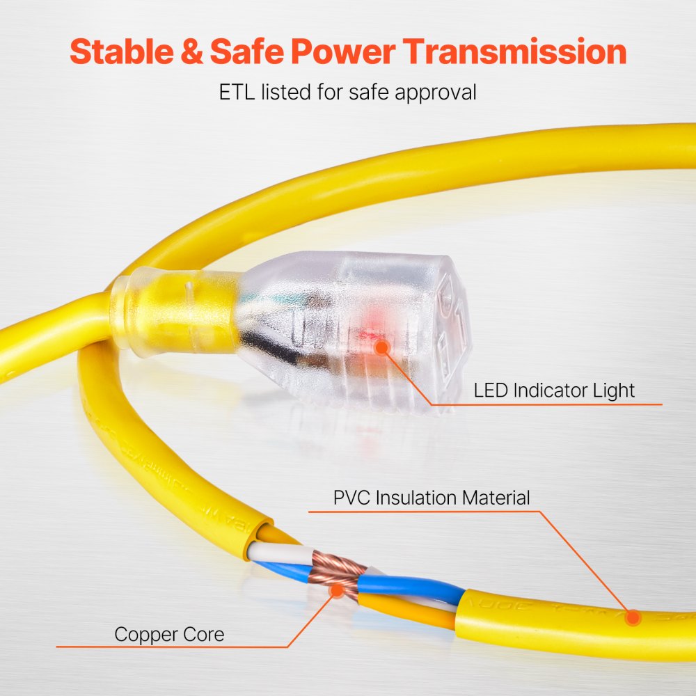 VEVOR 100FT Heavy Duty Extension Cord, 12AWG 15Amps 1875W, 3 Prongs Indoor Outdoor Electric Cord with Lighted End, Flexible & -40°C Cold-Resistant for Lawn, Garage, Home Use, ETL Listed