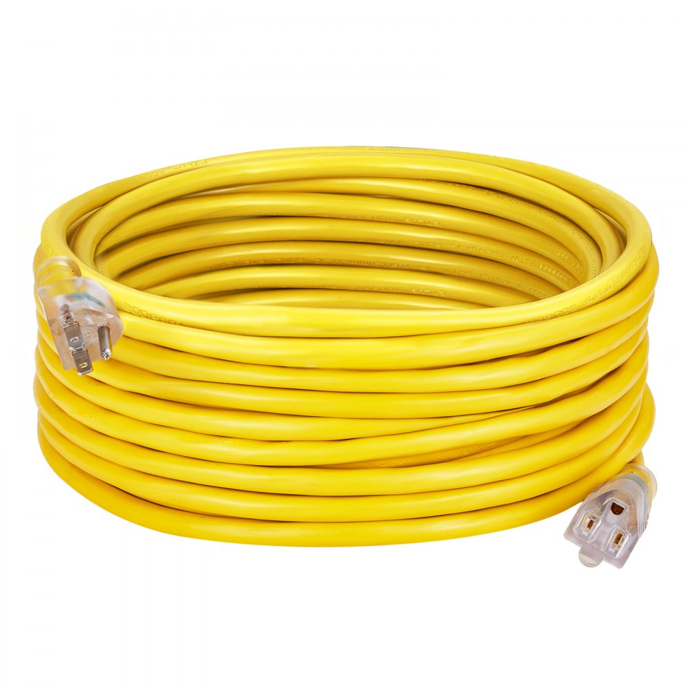 VEVOR 100FT Heavy Duty Extension Cord, 12AWG 15Amps 1875W, 3 Prongs Indoor Outdoor Electric Cord with Lighted End, Flexible & -40°C Cold-Resistant for Lawn, Garage, Home Use, ETL Listed