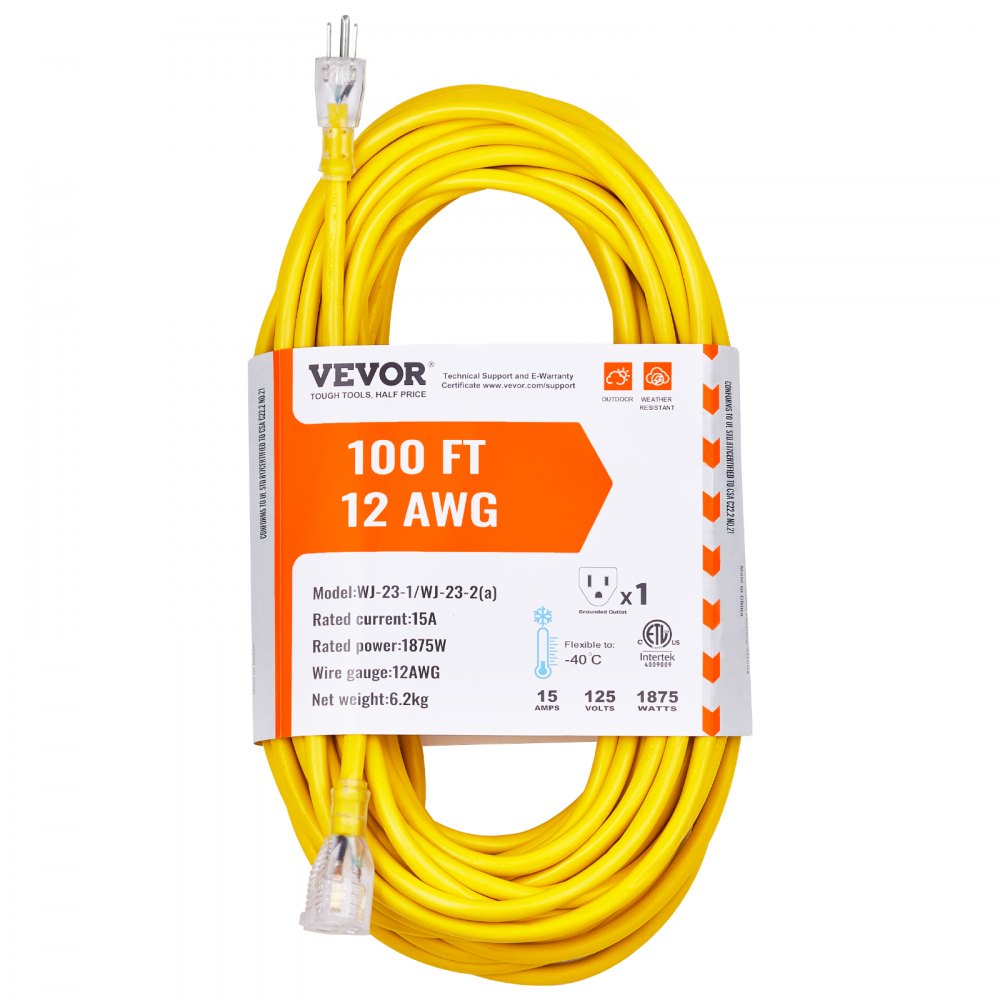 VEVOR 100FT Heavy Duty Extension Cord, 12AWG 15Amps 1875W, 3 Prongs Indoor Outdoor Electric Cord with Lighted End, Flexible & -40°C Cold-Resistant for Lawn, Garage, Home Use, ETL Listed