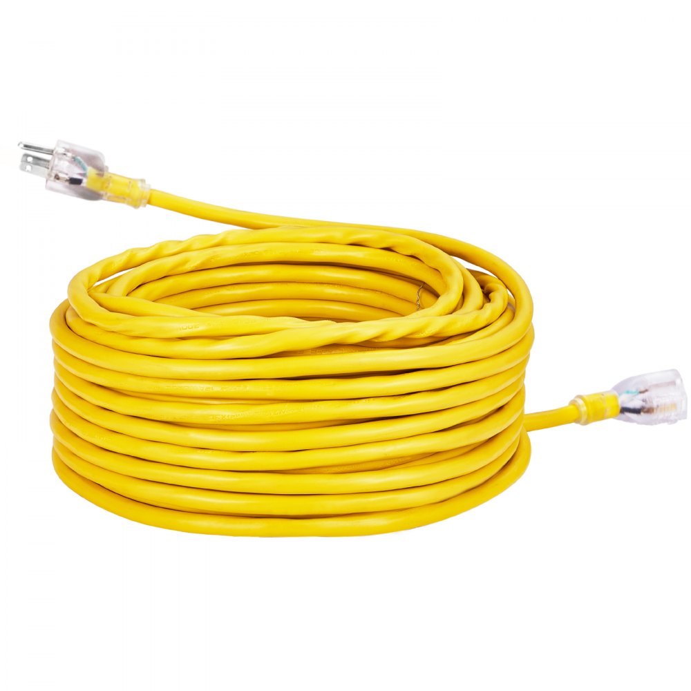 VEVOR 100FT Heavy Duty Extension Cord, 12AWG 15Amps 1875W, 3 Prongs Indoor Outdoor Electric Cord with Lighted End, Flexible & -40°C Cold-Resistant for Lawn, Garage, Home Use, ETL Listed