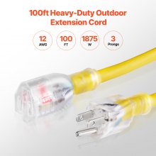 100FT Heavy Duty Extension Cord 12AWG 15Amps 1875W 3 Prongs with Lighted End