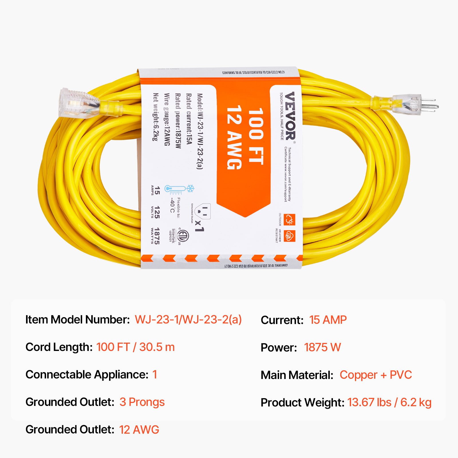 VEVOR 100FT Heavy Duty Extension Cord, 12AWG 15Amps 1875W, 3 Prongs Indoor Outdoor Electric Cord with Lighted End, Flexible & -40°C Cold-Resistant for Lawn, Garage, Home Use, ETL Listed