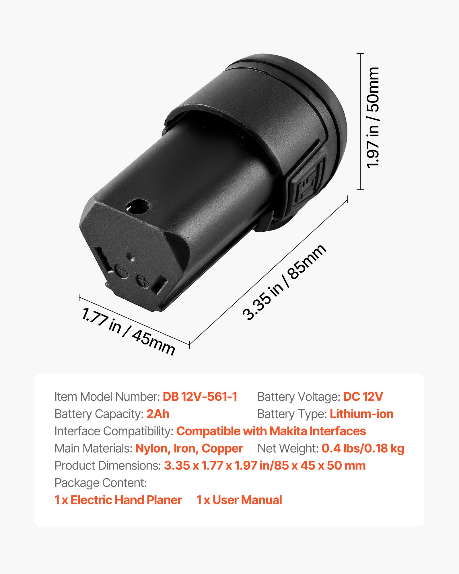 VEVOR Lithium-Ion Battery, 12V 2Ah, Portable Lithium Battery Pack Replacement, with Universal Adapter, Easy to Carry, Compatible with Makita Interfaces, VEVOR Cordless Electric Hand Planer, 1-Pack