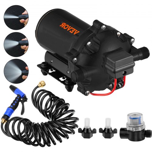 VEVOR RV Water Pump 5.3 GPM 5.5 Gallons Per Minute 12V Water Pump Automatic 70 PSI Diaphragm Pump with 25 Foot Coiled Hose Washdown Pumps for Boats Caravan Rv Marine Yacht