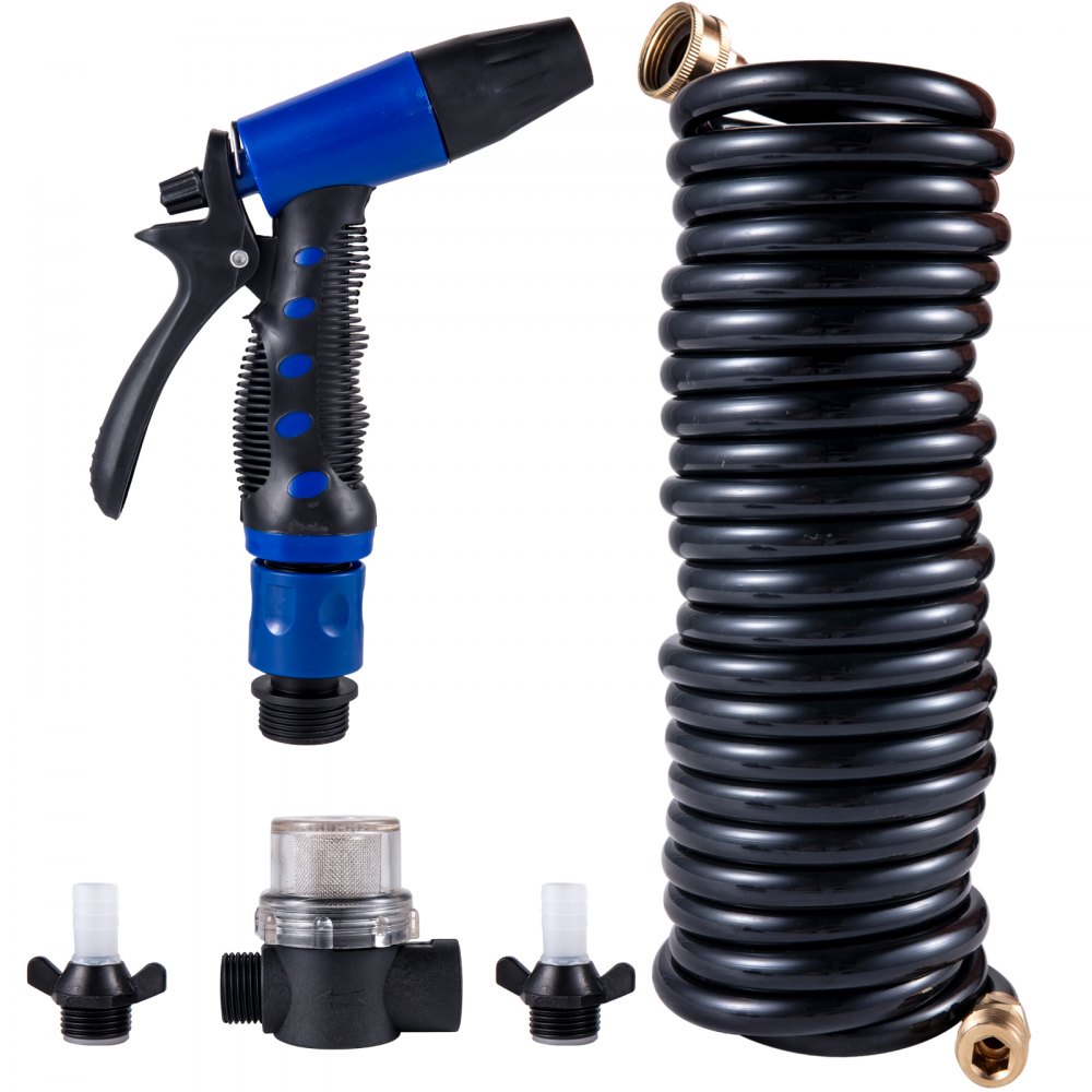 VEVOR rv water pump with hose, nozzle, and essential connectors laid out.