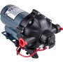 VEVOR rv water pump with red and black fittings, wiring, and mounting base.
