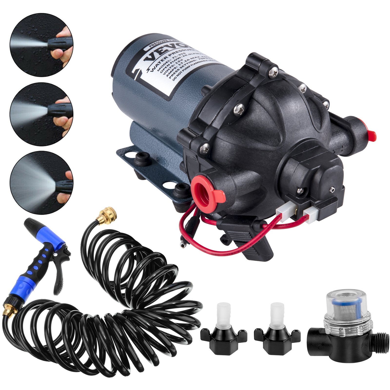 VEVOR rv water pump, nozzle, hose, and connectors for outdoor cleaning.
