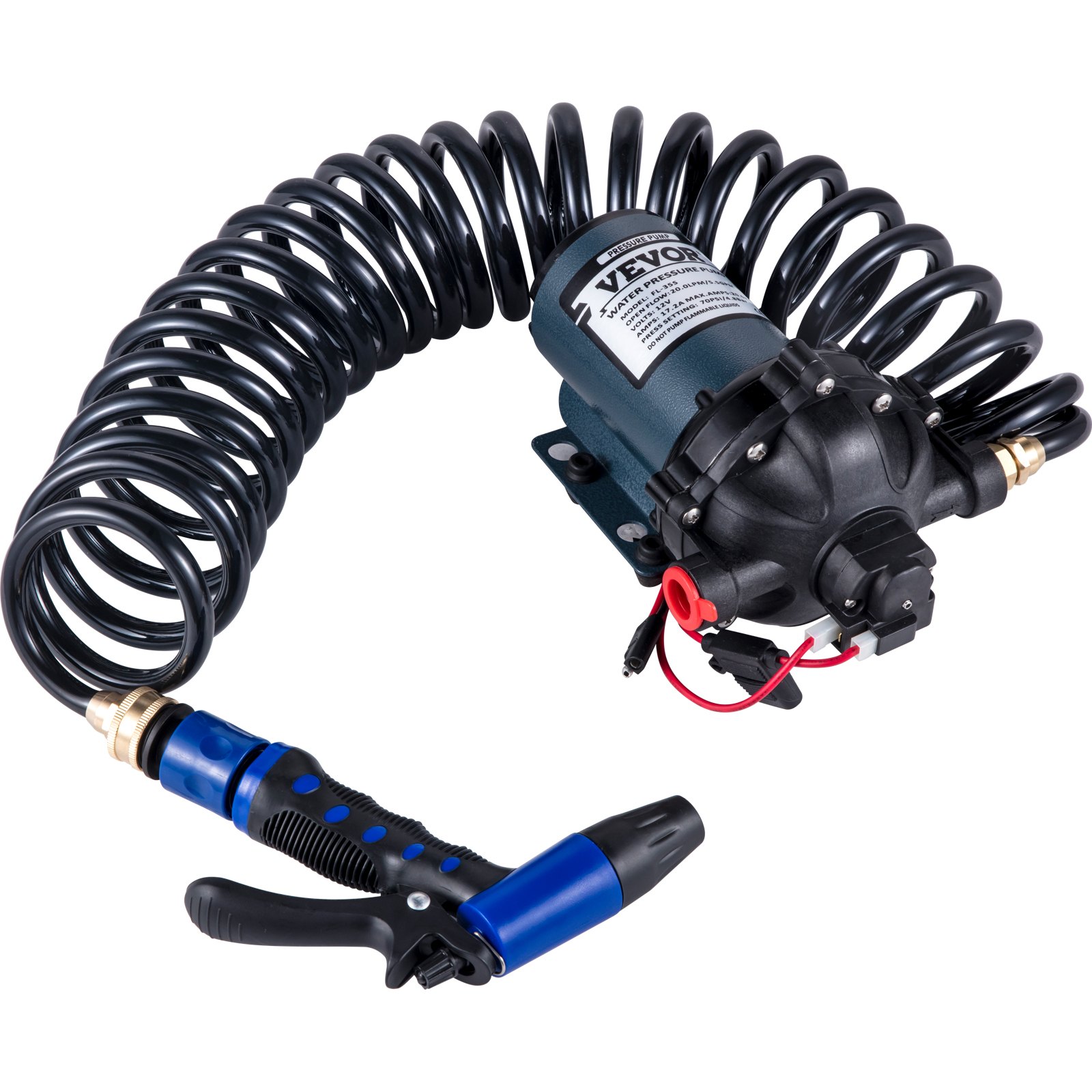 VEVOR rv water pump with a coiled hose and ergonomic blue nozzle.