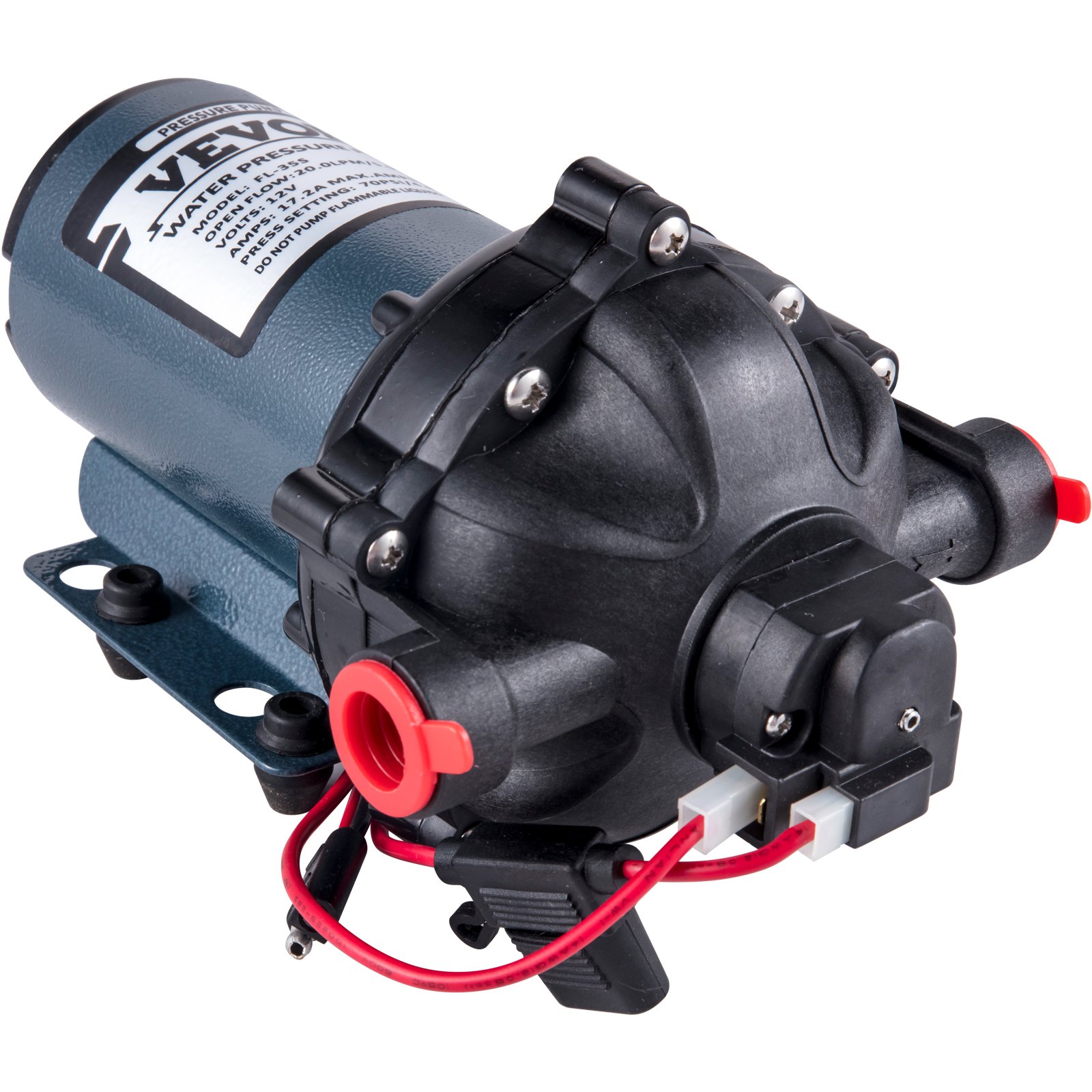 VEVOR rv water pump with red and black fittings, wiring, and mounting base.