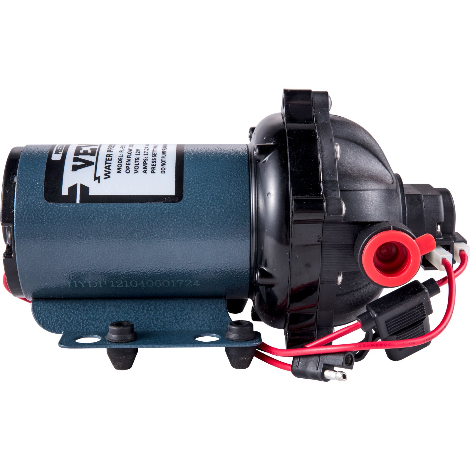 VEVOR rv water pump with red wiring and black mounting base.