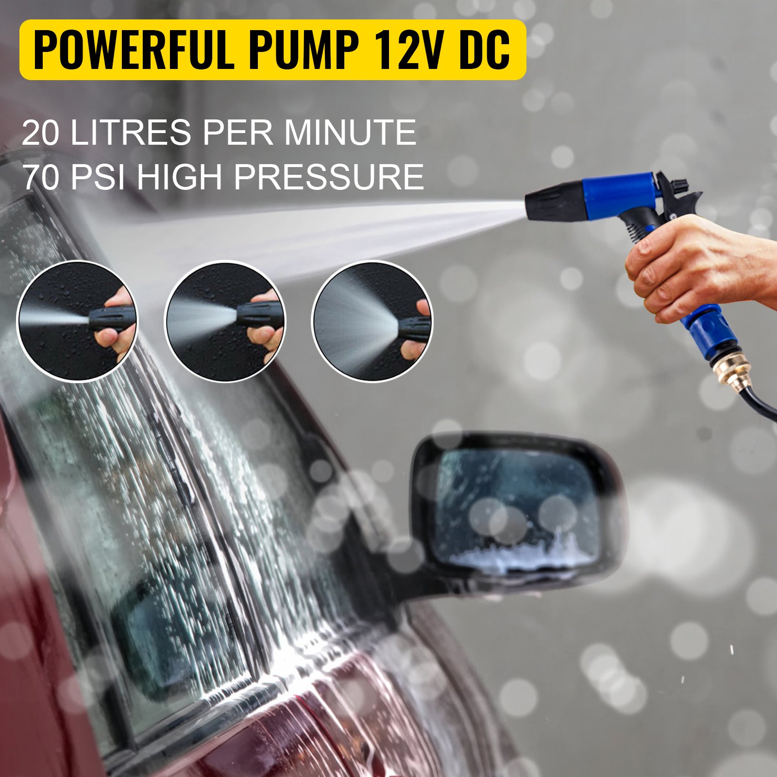 powerful 12v dc VEVOR rv water pump spraying high-pressure water on a car.