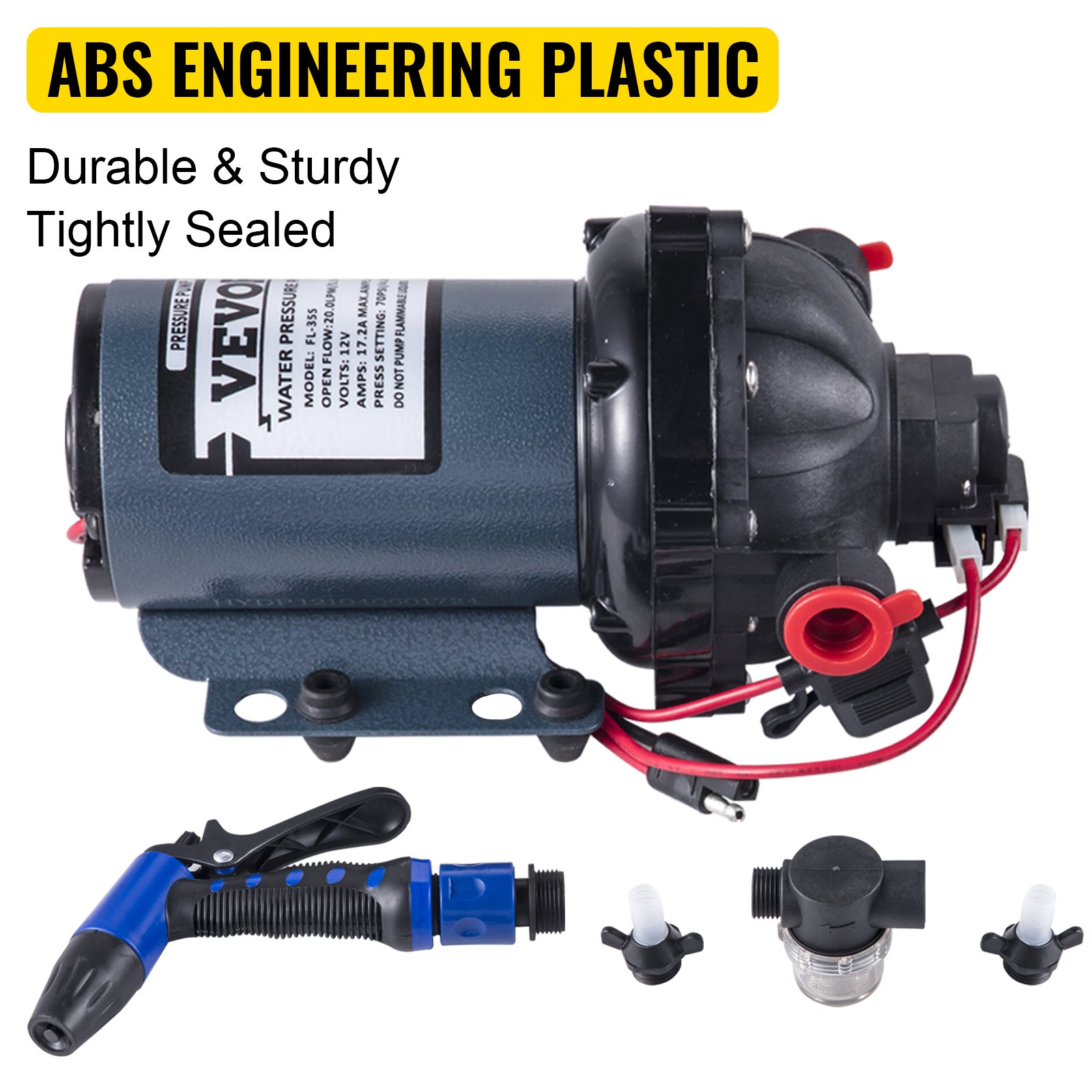 VEVOR rv water pump made of abs plastic, durable and sturdy with various attachments.