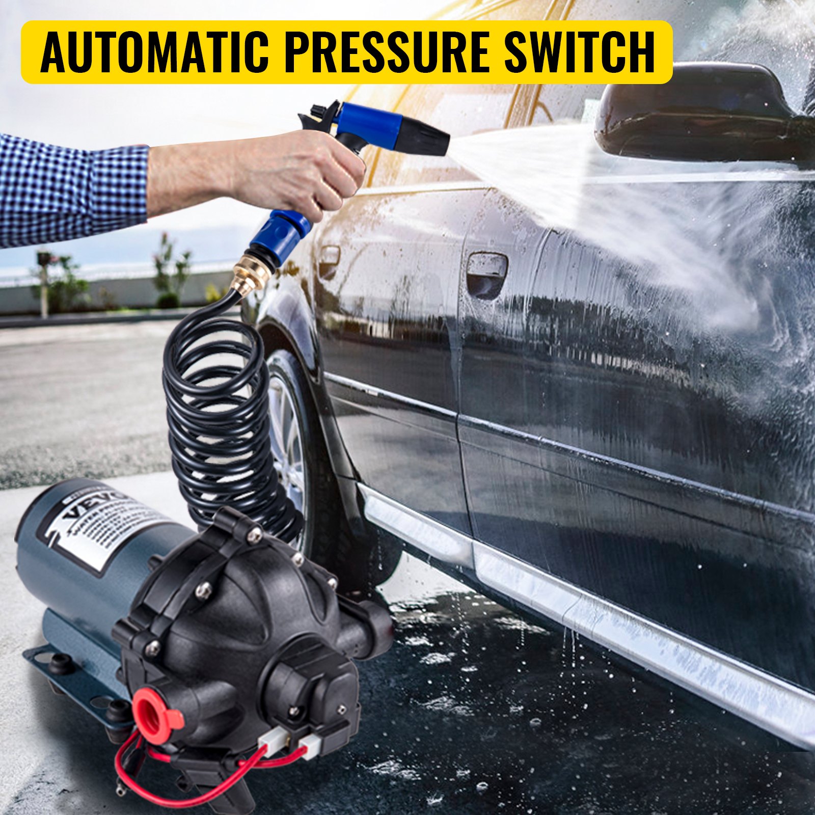 car being washed with high-pressure water using VEVOR rv water pump. automatic pressure switch.