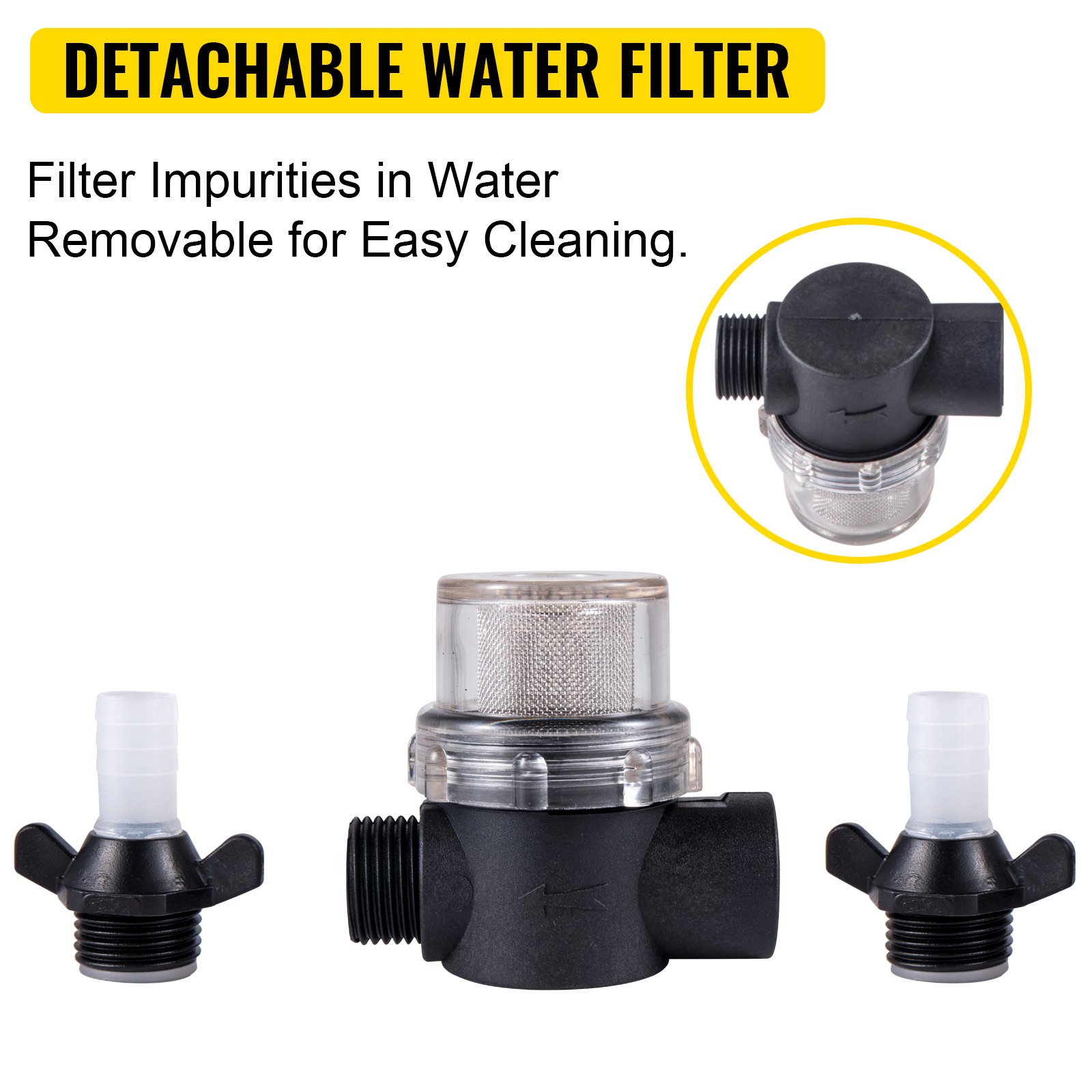 VEVOR rv water pump detachable filter, removes impurities, easy to clean, includes adapters.