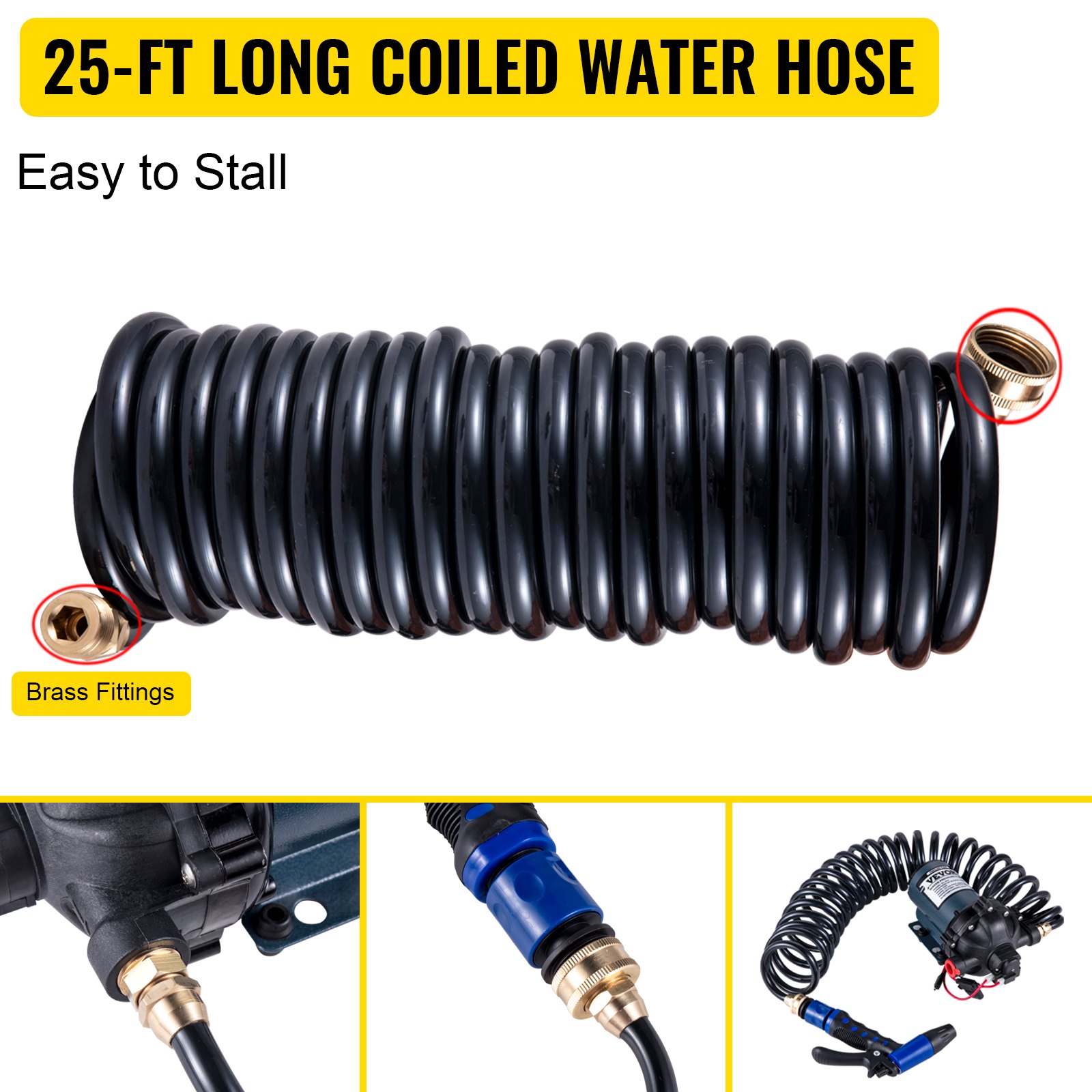 25-ft black coiled water hose with brass fittings, compatible with VEVOR rv water pump.