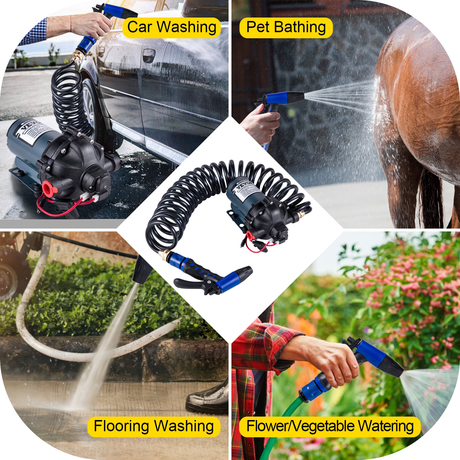 VEVOR rv water pump for car washing, pet bathing, flooring washing, and garden watering.