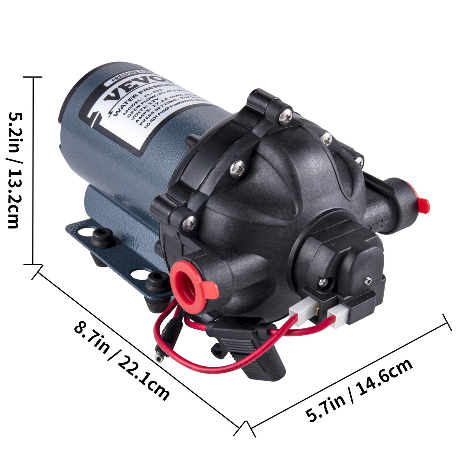 VEVOR rv water pump dimensions: 5.2in by 8.7in by 5.7in, with black and grey design.
