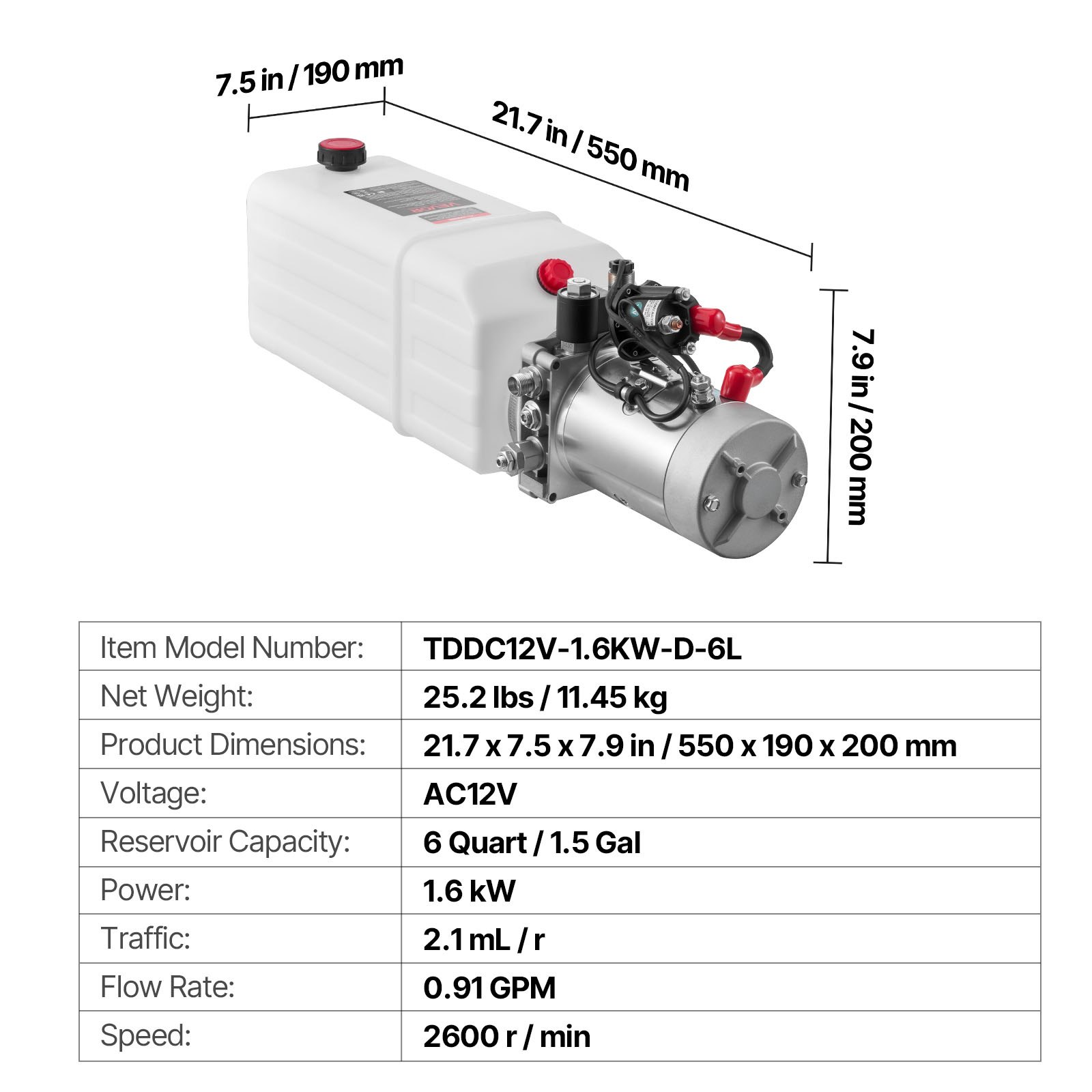 VEVOR 6 L Hydraulic Power Unit, Single Acting Dump Trailer Pump, 22 MPa Max Relief Pressure & 3.4 L/min Flow Rate, DC 12V Hydraulic Pump with Metal Reservoir for Dump Trailer Car Lifting, White