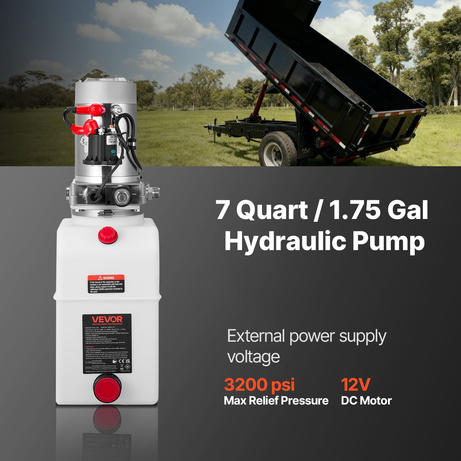 VEVOR 7 L Hydraulic Power Unit, Single Acting Dump Trailer Pump, 22 MPa Max Relief Pressure & 3.4 L/min Flow Rate, DC 12V Hydraulic Pump with Metal Reservoir for Dump Trailer Car Lifting