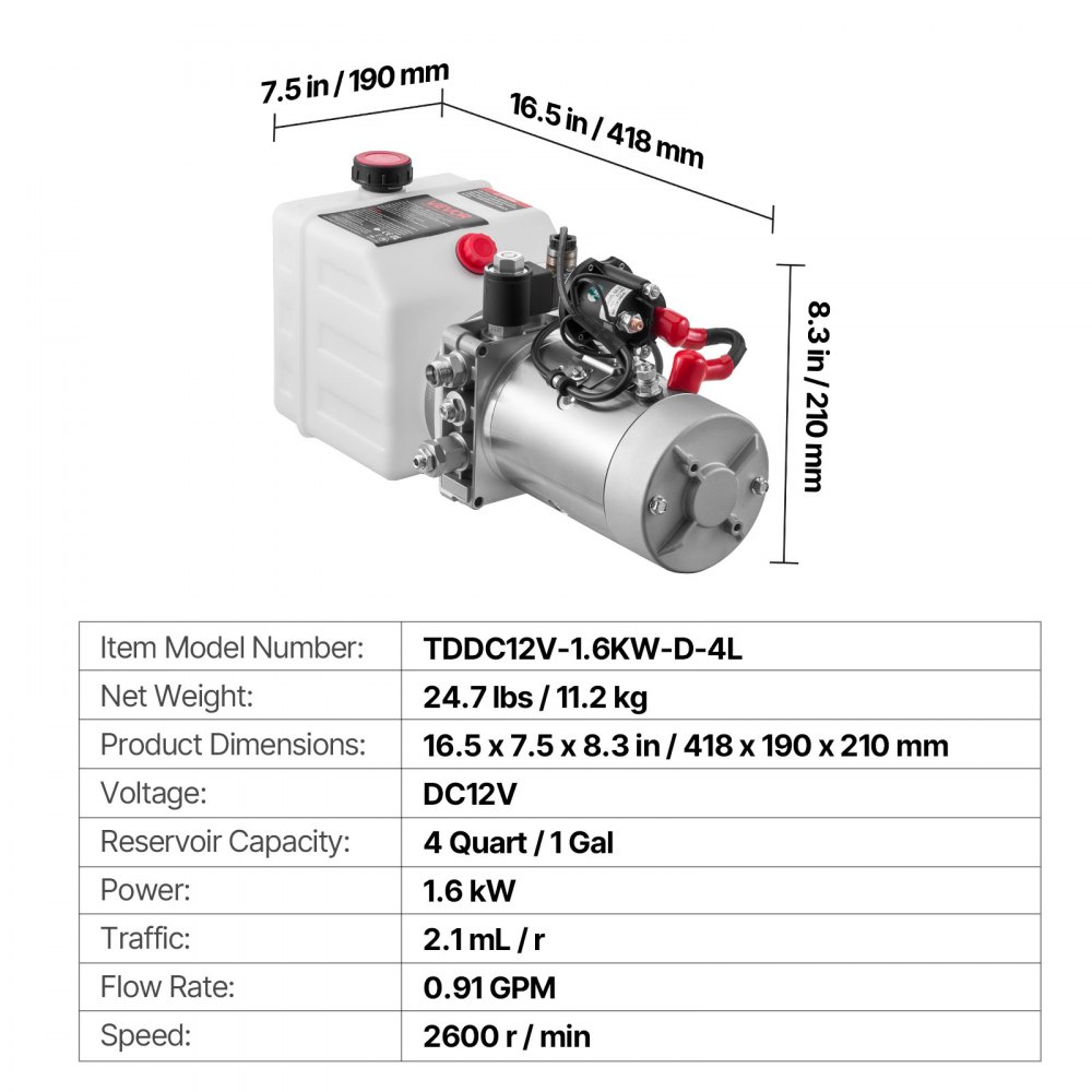 VEVOR 4 L Hydraulic Power Unit, Single Acting Dump Trailer Pump, 22 MPa Max Relief Pressure & 3.4 L/min Flow Rate, DC 12V Hydraulic Pump with Metal Reservoir for Dump Trailer Car Lifting