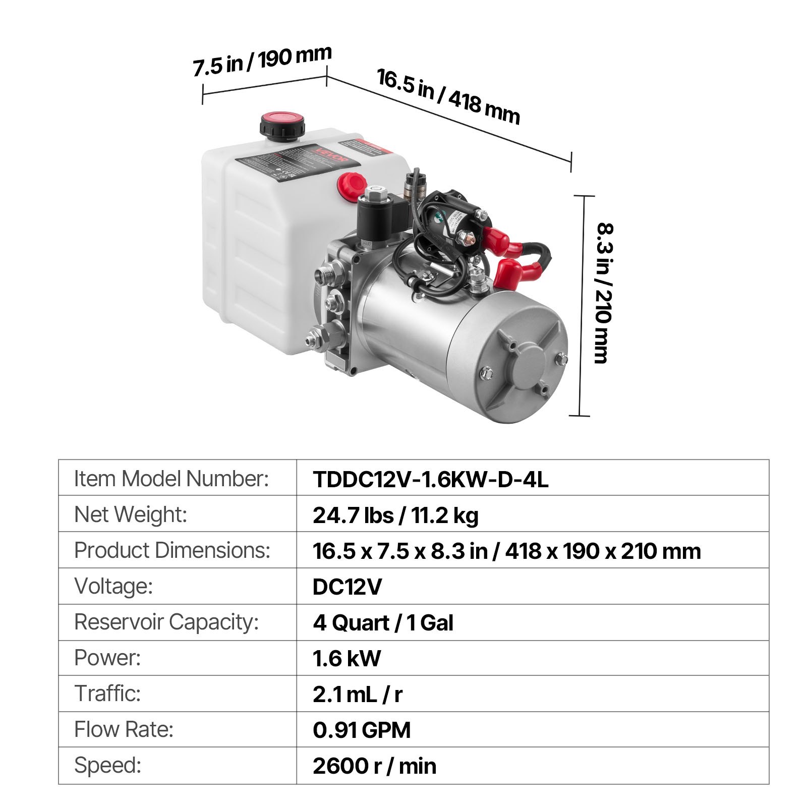 VEVOR 4 L Hydraulic Power Unit, Single Acting Dump Trailer Pump, 22 MPa Max Relief Pressure & 3.4 L/min Flow Rate, DC 12V Hydraulic Pump with Metal Reservoir for Dump Trailer Car Lifting